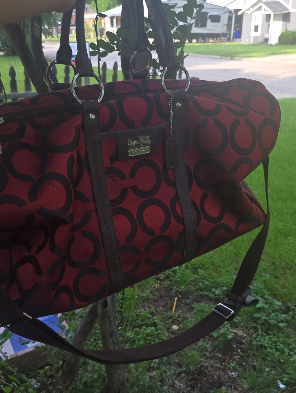 Coach Red and Brown Signature Logo Shoulder Weekender Bag